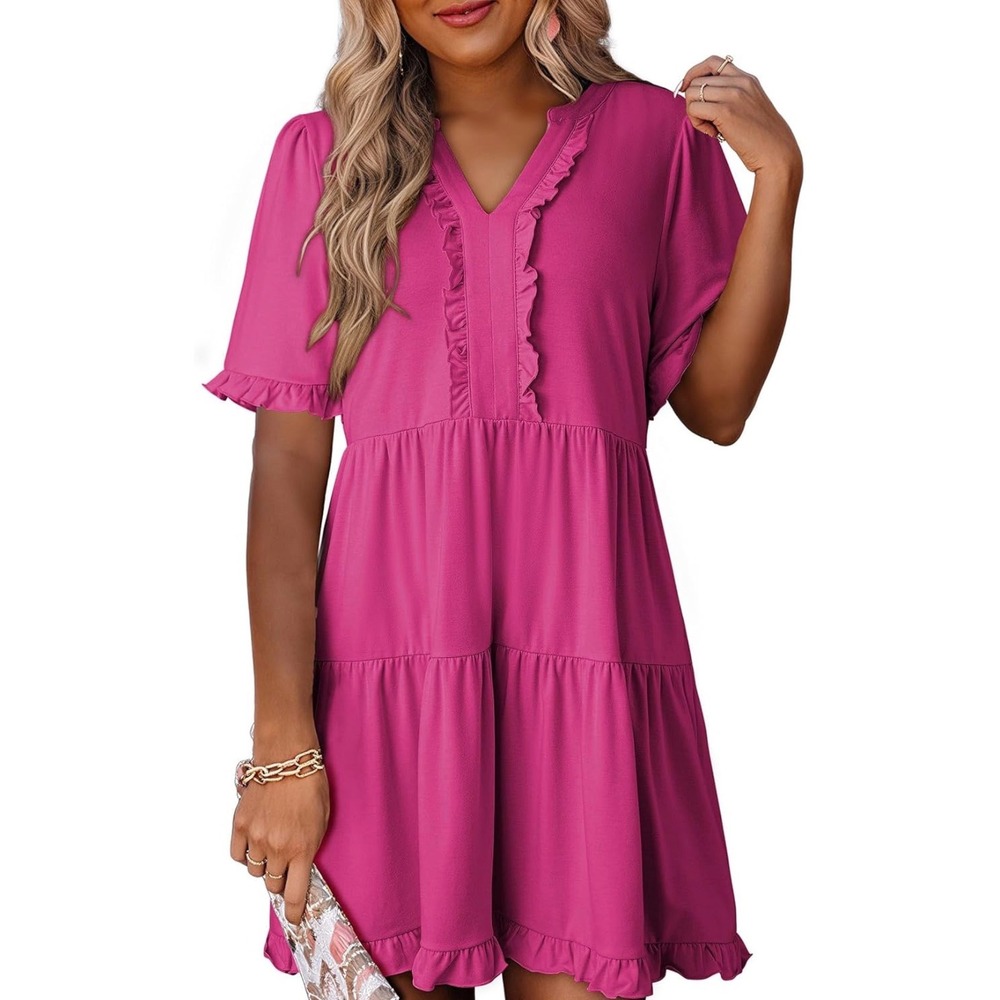 Dokotoo Womens V Neck A Line Short Sleeve Casual Ruffle Babydoll Mini Dress Sz L